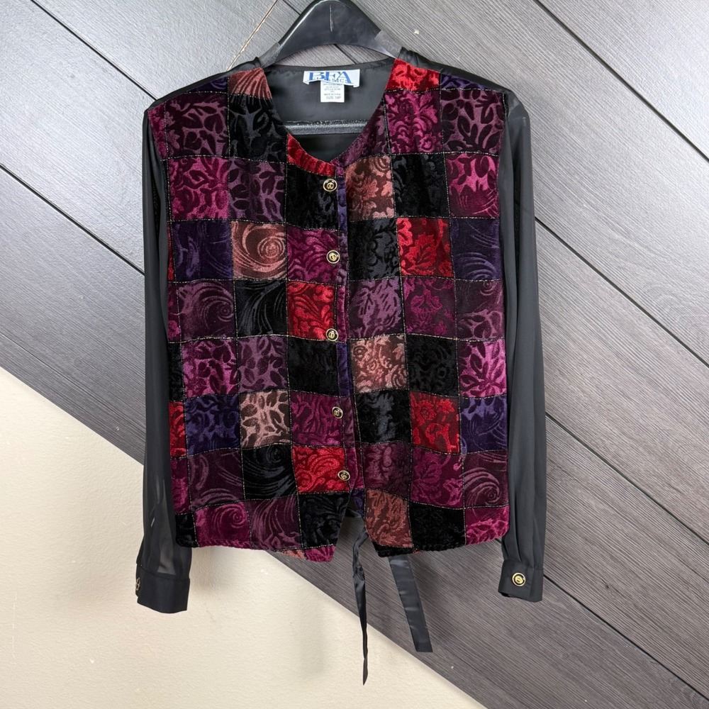 BFA Classics Women 18P Vintage Velvet Patchwork Jacket Sheer Sleeve Purple 90's